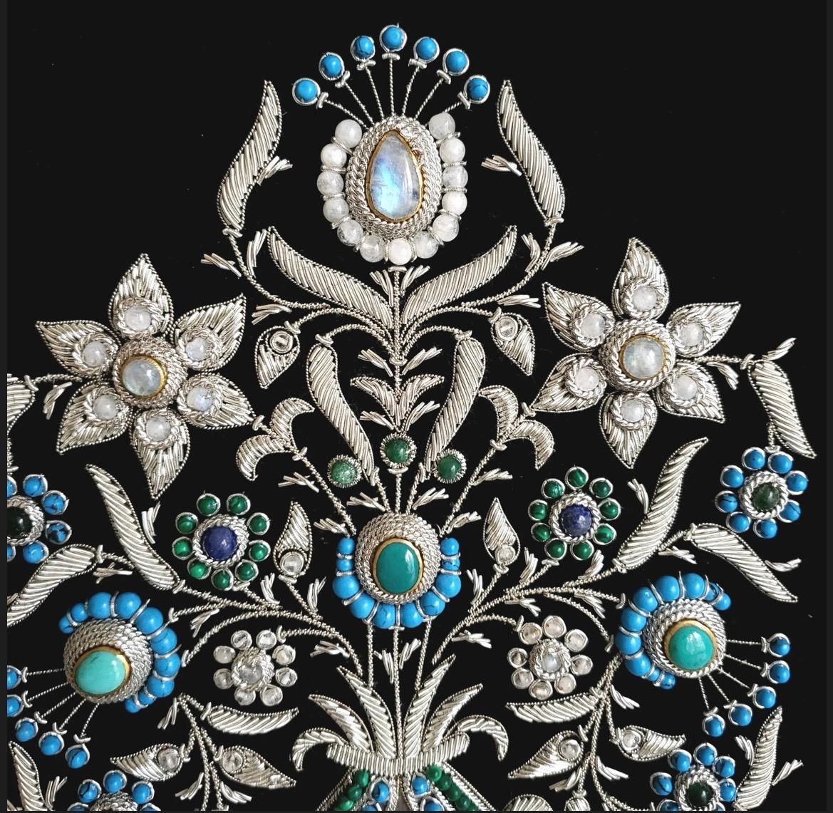 Zardosi Embroidery Wall Hanging: Handmade Indian Floral Art, Silver & Turquoise