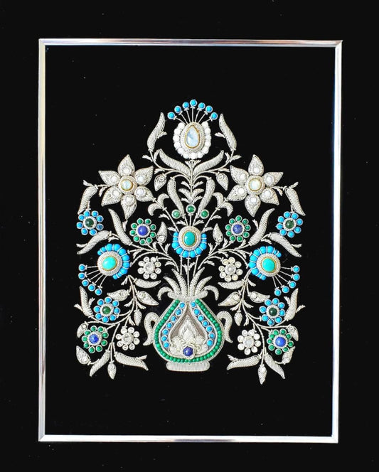 Zardosi Embroidery Wall Hanging: Handmade Indian Floral Art, Silver & Turquoise