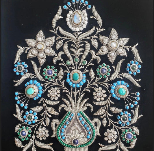 Zardosi Embroidery Wall Hanging: Handmade Indian Floral Art, Silver & Turquoise